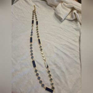 Vintage Tory Burch Gold and Blue 38 In Long Necklace Enamel Round Rectangle